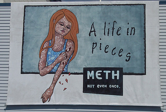 Dimensions of my artwork: 11 feet tall X 15 feet wide. I used acrylic paint and house paint on canvas. We're displaying it over the main entrance of the Boys' and Girls' Club of Ada County on 42nd Street in Garden City, and it's also visible to the Green Belt. I attend church in Garden City and I wanted to display this anti-meth artwork somewhere in Garden City because of the high rate of meth use there. People addicted to meth are self-destructive, even gouging their own skin. My inspiration was to show the sadness of someone wrecking their perfectly beautiful human body in such a disturbing way.
