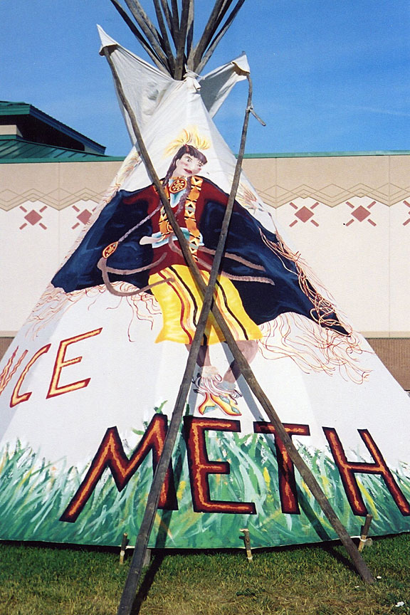 I worked with the Meth Prevention Board of the Northern Cheyenne Tribe. I chose a positive theme: "Dance Meth Down!" This represents the war on Meth on the reservations and Native American culture with a traditional PowWow dancer. Unfortunately, the photo doesn't show the whole piece.