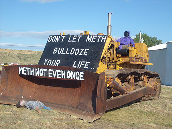 In my display I used D-7 cat dozer, 2 stuffed dummies, and 2 signs. My theme is " Don't let meth bulldoze your life.. The inspiation behind my display was that meth destroys lives just like the bulldozer can destroy things.