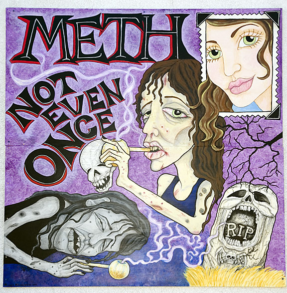 &#039;Before and After&#039; meth: This painting starts with a &#039;before&#039; snapshot of a young girl, then shows the progression of deterioration and finally death from meth, revealing also the demons that surround the purple haze.