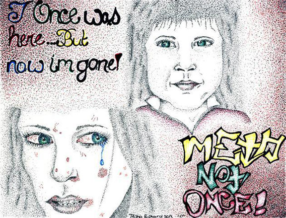 all pointillism picture. Two faces, an older women abused by meth and a normal little girl. Writing saying "i once was here but now im gone" and "METH NOT ONCE". All done in pen and ink.