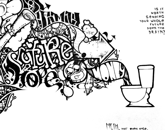 This artwork was submitted by Vincent B. from Pearl City High School for the Hawaii Meth Project Take a Stand Against Meth Art contest and won 2nd place. Vincent used this page http://www.methproject.org/answers/what-is-meth-induced-psychosis.html#Psychotic-Behavior from MethProject.org as his inspiration. Vincent was particularly inspired by the interactive experience dedicated to the question “What is Meth-induced Psychosis?” “I just thought, what a dark place Meth sends you to, and how bright a future we can all have if we stay away from this dangerous drug,” said Bercasio. “Down the Drain” as Bercasio named his piece, depicts the future––including a college diploma and family––being flushed into a toilet next to the question, “Is it worth sending your whole future down the drain?”