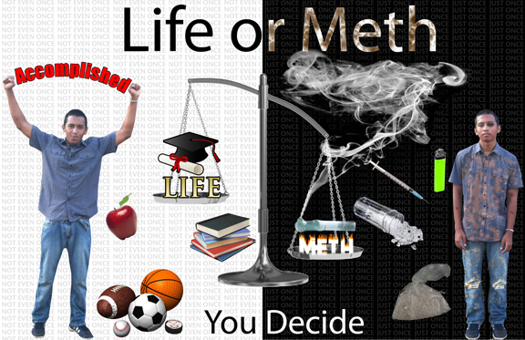 This artwork was submitted by Joshua C. from Waianae High School for the Hawaii Meth Project Take a Stand Against Meth Art contest and won the People's Choice Award. He credits this page http://www.methproject.org/answers/will-using-meth-change-how-i-look.html#Mug-Shot-Match-Up as his inspiration. “I felt so honored to receive the People’s Choice Award,” said Camalig. “I think that many people chose my piece because they can relate to it––every decision we make in life affects our future––especially bad choices, like using Meth, which can ruin your life and take away all of your dreams.”